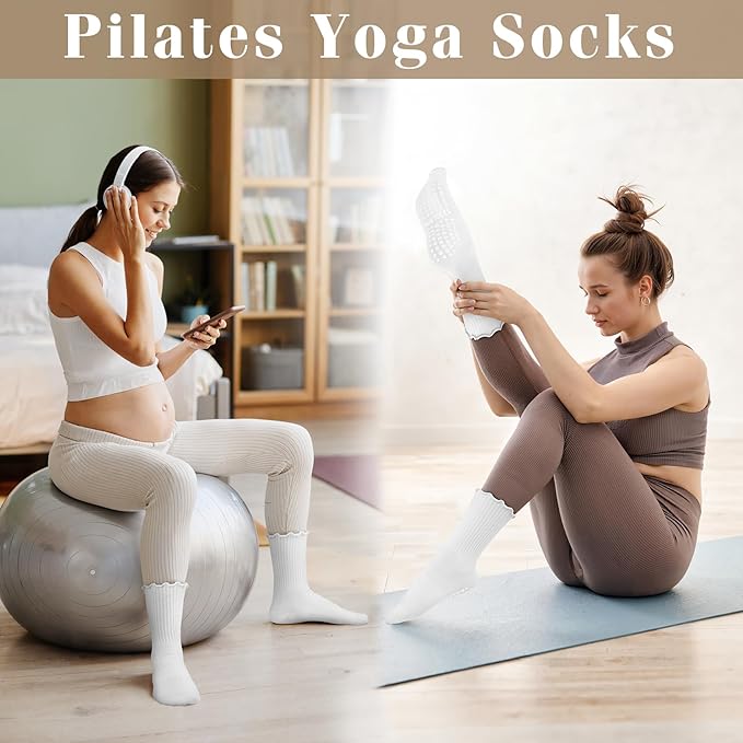 Justay 6 Pairs Womens Pilates Socks with Grips Crew Non Slip Ruffle Cotton for Athletic Workout Barre Hospital Yoga Socks