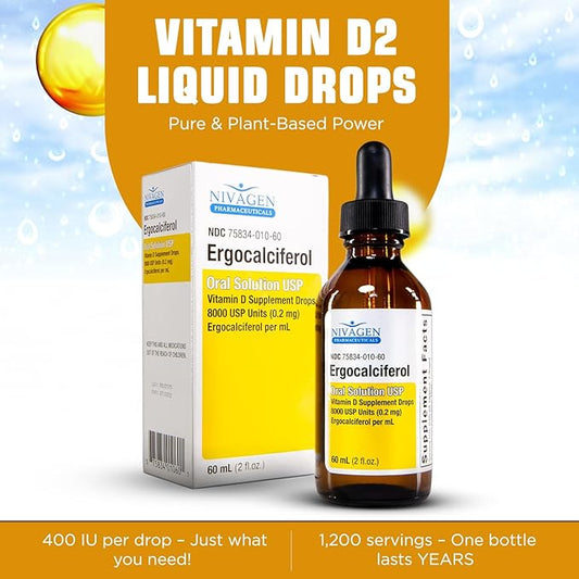 Vitamin D2 Liquid Drops 8,000 USP (Ergocalciferol) | 400 IU per Serving | 2 Drops Once Daily | 1,200 Servings, 60ml (2 fl. oz) | Faster Absorption | Bone, Muscle & Immune Support | Made in USA