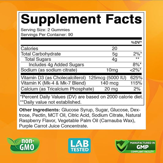 Vitamin D3 + K2 Gummies – Bone & Heart Health Support – 180 Pectin-Based Vegan Gummies
