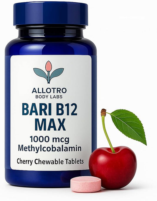 Bari B12 Max – Chewable Vitamin B12 1000mcg Methylcobalamin – Cherry Flavor – Bariatric-Friendly Energy & Nerve Support – 100 Tablets – Allotro Body Labs