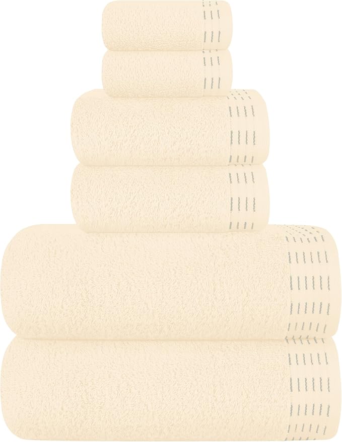 Ultra Soft 6 Pack Cotton Towel Set, Contains 2 Bath Towels 28x55 inch, 2 Hand Towels 16x24 inch & 2 Wash Coths 12x12 inch, Ideal Everyday use, Compact & Lightweight - Ivory