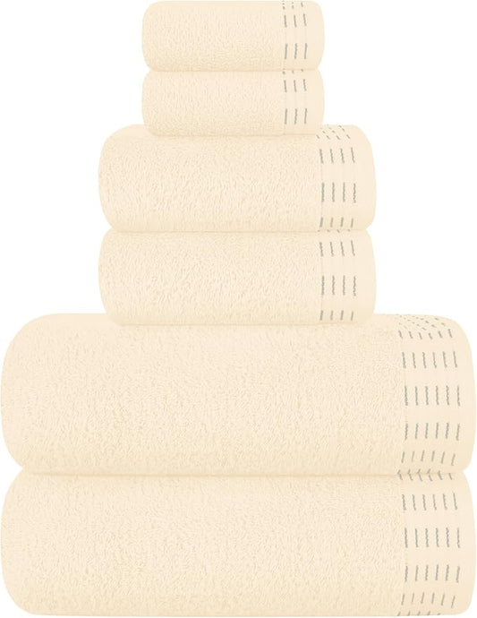Ultra Soft 6 Pack Cotton Towel Set, Contains 2 Bath Towels 28x55 inch, 2 Hand Towels 16x24 inch & 2 Wash Coths 12x12 inch, Ideal Everyday use, Compact & Lightweight - Ivory