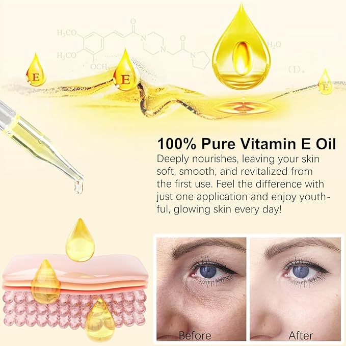 WHLH & WELL-BEING Pure Vitamin E Oil for Skin Face Hair Scars, Blend 75,000 IU, Moisturizing Dry Skin Winkles Hair and Scalp Pack of 2
