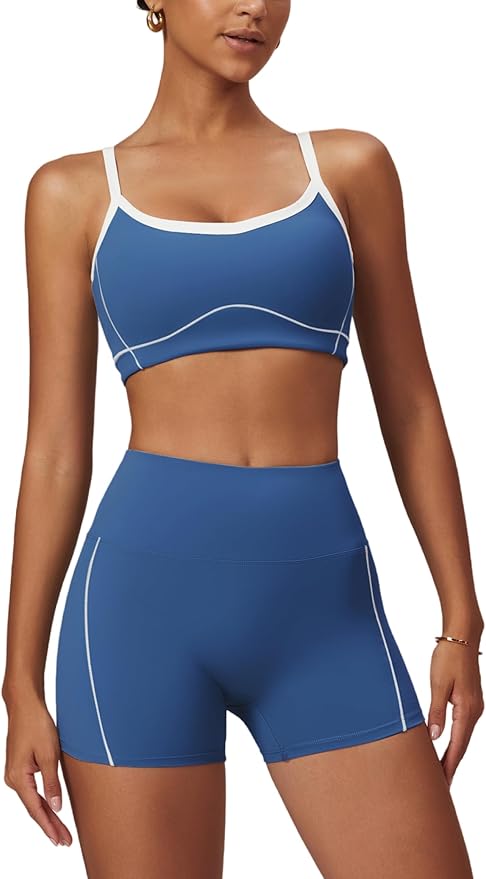Workout Sets for Women 2 Piece Contrast Panel Sports Bra Tummy Control Butt lifting Shorts Jogger Outfits ﻿