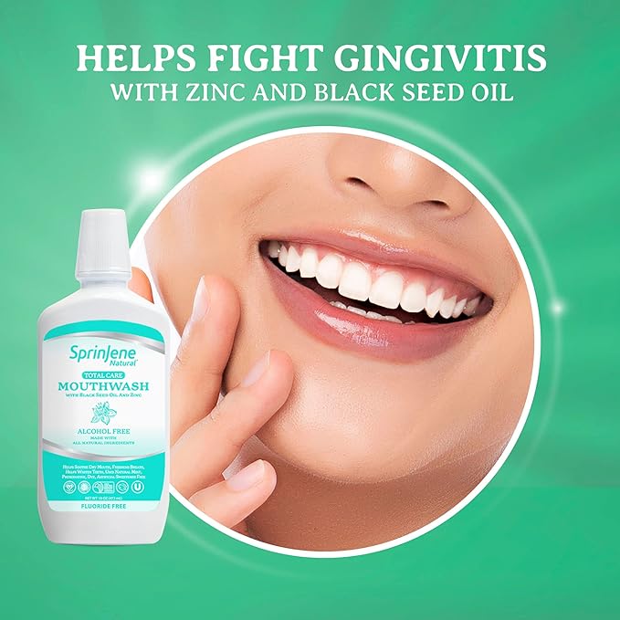 SprinJene Fluoride Free Mouthwash, Alcohol Free for Fresh Breath Gum Health Dry Mouth Whitening Teeth w/Black Seed Oil, Zinc, Xylitol - All Natural Vegan Gluten Free Kosher Halal SLS Free & Non Toxic