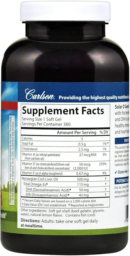 Carlson - Solar D Gems, Vitamin D3 and Omega-3 Supplement, 2000 IU Vitamin D3, 115 mg Omega-3s EPA and DHA, Vitamin D Fish Oil Capsule, Bone & Immune Health, Vitamin D Supplement, Lemon, 360 Softgels
