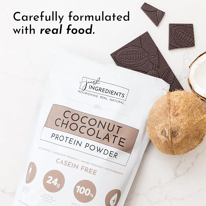 JUST INGREDIENTS Coconut Chocolate Protein Powder – 30-Serving Blend with 100% Grass-Fed Whey & Organic Plant Proteins – Creamy Coconut Cocoa Flavor – Supports Muscle Recovery, Energy*