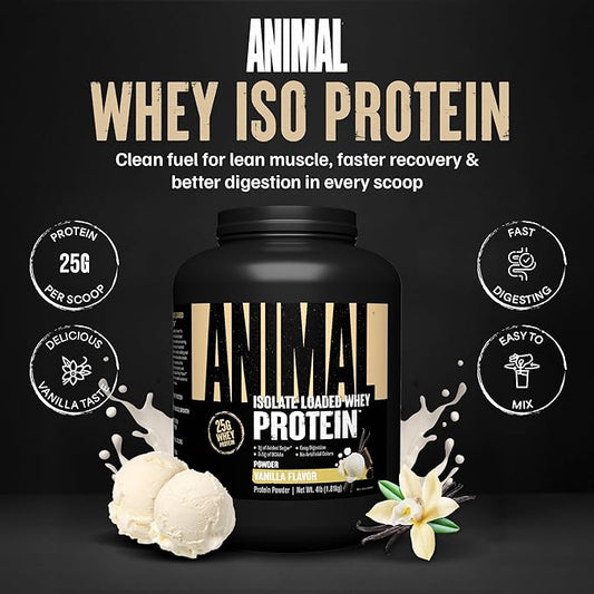 Animal Whey Isolate Protein Powder - Loaded for Pre & Post Workout Muscle Builder and Recovery with Digestive Enzymes for Men & Women - 25g Protein, Great Taste, Low Sugar - Vanilla 4 lbs