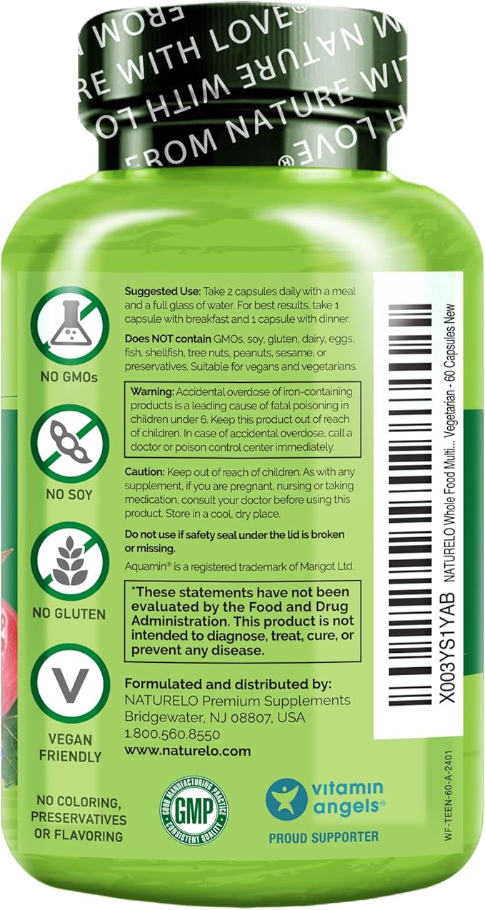 NATURELO Teen Multivitamin - Whole Food Multivitamin - with Minerals for Teenage Boys & Girls - Supplement for Active Kids - Non-GMO - Vegan & Vegetarian - 60 Capsules