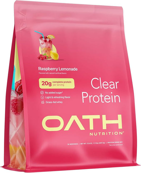 Oath Nutrition Clear Whey Isolate Protein Powder, Raspberry Lemonade, 20g Complete Protein per Serving, No Added Sugar, Grass-Fed, 18 Servings