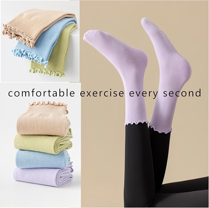 4 Pairs Ruffle Yoga Socks for Women,Cute Frilly Non-Slip Grips Socks for Pilates,Fitness,Hospital,Pregnant