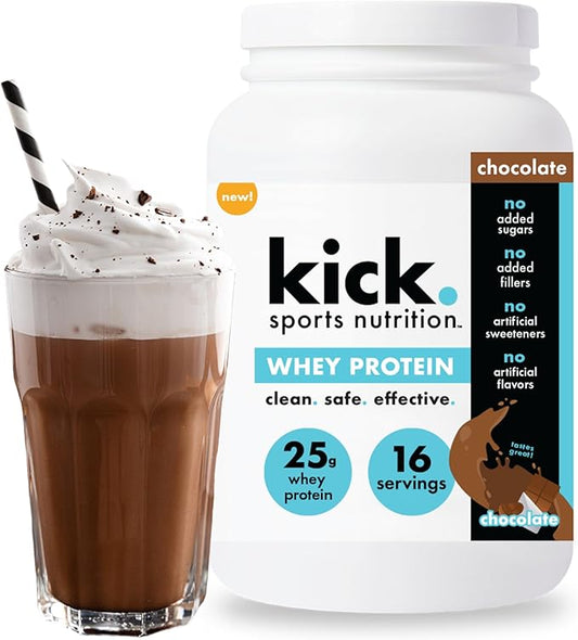 Kick Whey Protein Powder, Chocolate Flavor, 25 G Protein Gluten Free Workout Supplement with Amino Acids to Support Fitness Goals & Gut Health, No Added Sugar, No Artificial Flavor, 16 Servings