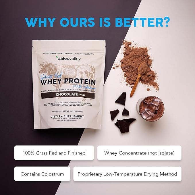 Paleovalley 100% Grassfed Whey Protein Powder with Colostrum, 13g Protein, Chocolate, Muscle Building, Immune Support, Gut Health