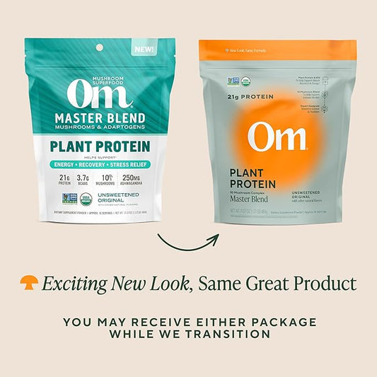 Om Master Blend Vegan Protein Powder, Unflavored, 21g of Plant Protein - Organic Mushroom Supplement with 10 Mushroom Complex, Ashwagandha, BCAAs and Vitamin B12-1.07 lb. (16 Servings)