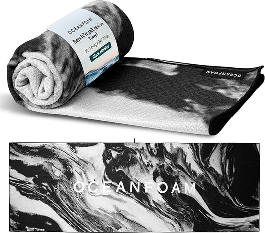Oceanfoam Beach Towel – Lightweight, Absorbent, Quick-Drying, Sand-Resistant, Non-Slip – Ideal for Workouts, Yoga, Pilates, Beach, Pool, Boat & Travel – 25% Recycled – 72"x24" (Black Marbled)