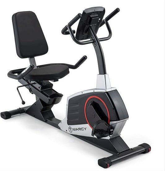 Marcy Regenerating Recumbent Exercise Bike with Adjustable Seat, Pulse Monitor and Transport Wheels ME-706