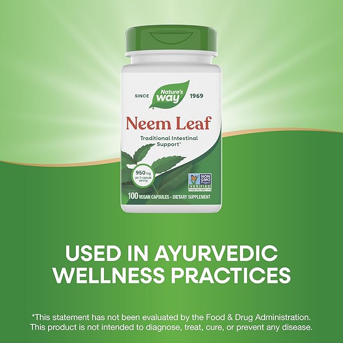 Nature's Way Herbal Neem Leaf, Traditional Intestinal Support*, Used in Ayurveda, 950 mg per 2-Capsule Serving, Non-GMO Project Verified, Vegan, 100 Capsules (Packaging May Vary)