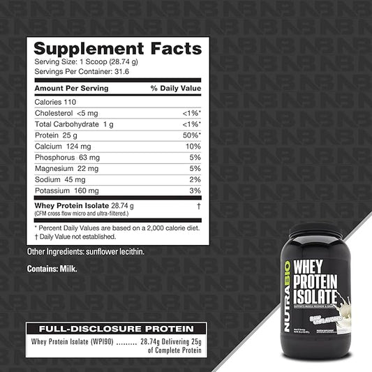 NutraBio 100% Whey Protein Isolate Protein Powder, 25g Protein with Complete Amino Acid Profile, Non-GMO, Soy & Gluten Free, Low Carb, Low Calorie Whey Protein Powder, Raw Unflavored, 2 Lbs