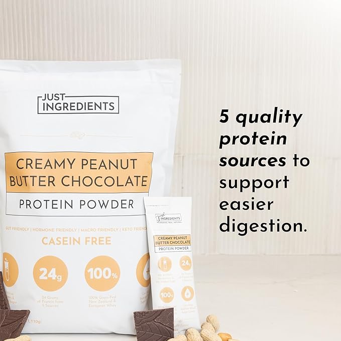 JUST INGREDIENTS Creamy Peanut Butter Chocolate Protein Powder – 30-ServingBlend with Grass-Fed Whey, Pea, Pumpkin Seed, Chia & Collagen – No Sugar Added – No Gums 24g Protein