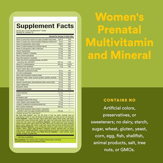 Natural Factors Whole Earth & Sea, Women's Prenatal Multivitamin and Mineral, Whole Food Supplement, Vegan, 60 Tablets