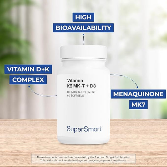 Supersmart - Vitamin K2 MK7 + Vitamin D3 90mcg per Day (High Bioavailability) - Menaquinone Supplement - Vitamin D & K Complex | Non-GMO & Gluten Free - 60 Softgels