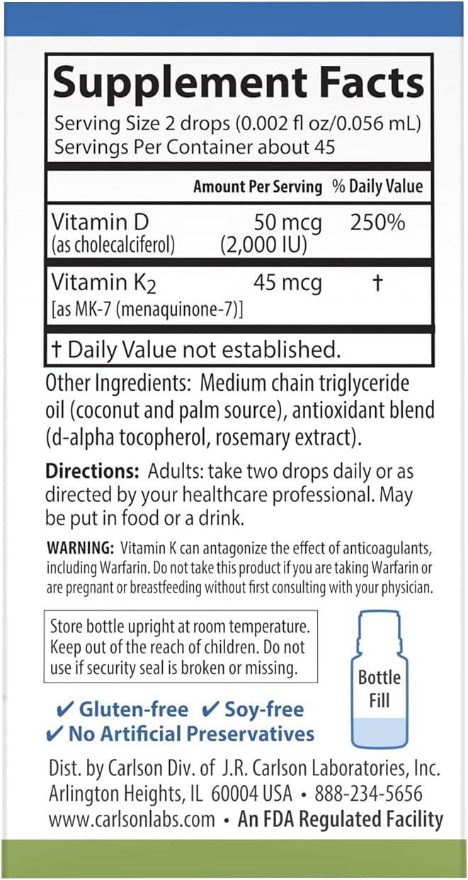 Carlson - Super Daily D3 + K2, 50 mcg D3 + 45 mcg MK-7, Heart & Bone Health, 90 Liquid Drops, 2.54 ml
