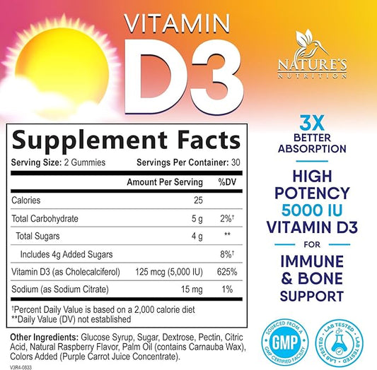 Vitamin D3 Gummy 5000 IU (125 mcg) - Dietary Vitamins D Supplement for Women & Men - Bone, Teeth, Muscle & Immune Health Support, High Potency VIT D3 Nature's Non-GMO & Gluten Free - 60 Gummies