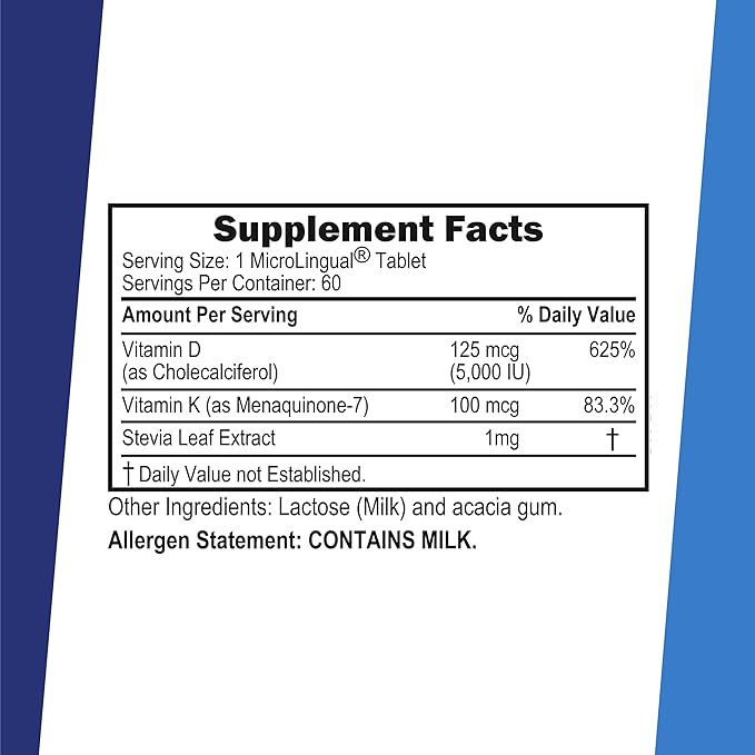 Superior Source K2 (MK-7) 100 mcg, with D3 (5,000 IU) Supplement, Quick Dissolve MicroLingual Tablets, 60 Count, Strengthen Bones, Cardiovascular & Immune System Support, Non-GMO