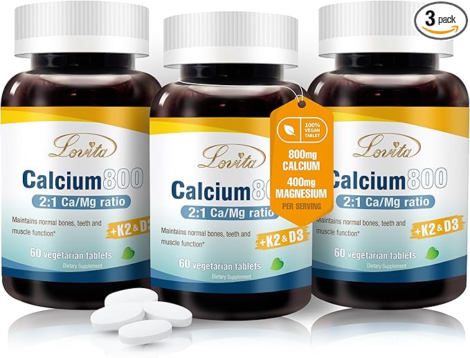 Lovita Calcium Citrate 800 mg with Magnesium, Vitamin D3 & K2, Bone Strength & Density Supplement for Women & Men, Supports Teeth, Immune Health, Gluten Free, Non-GMO, 360 Vegan Tablets