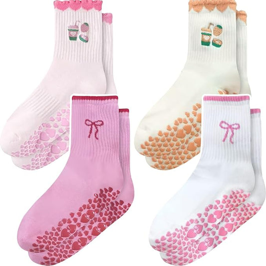 ZFiSt Pilates Socks with Grips for Women,4Pairs Ruffle Yoga Sock Cute Cotton Grippy Socks for Barre Workout Non Slip 5-10in