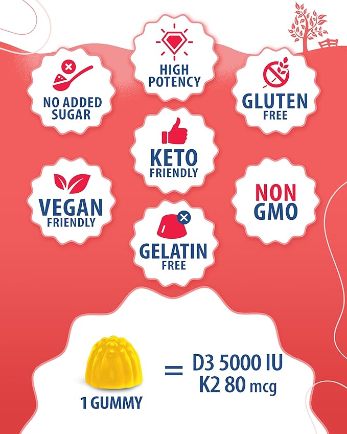 Sugar-Free Vitamin D3 K2 Gummies 5000 IU - Immune & Bone Support Gummies - Vitamin D Gummy Supplement for Adults - High-Absorption, Vegan, Halal, Gluten-Free Chewable Vitamins