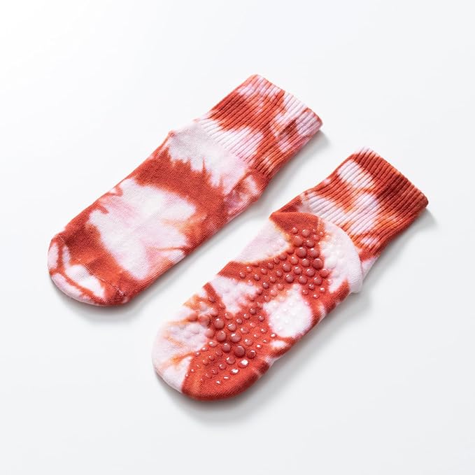 Yoga Pilates Socks with Grips for Women Non Slip Fleece Tie Dye Cushioned Ankle Socks for Barre Ballet Dance