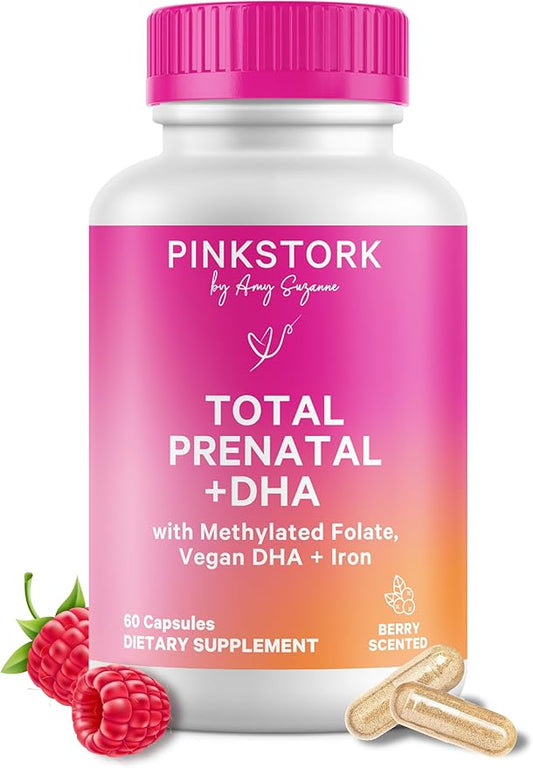 Pink Stork Total Prenatal Vitamins with DHA, Folate, Iron, Choline, and Vitamin B12 - Prenatals for Women to Support Fetal Development, Pregnancy Essentials, Berry Essence, 60 Capsules, 1 Month Supply