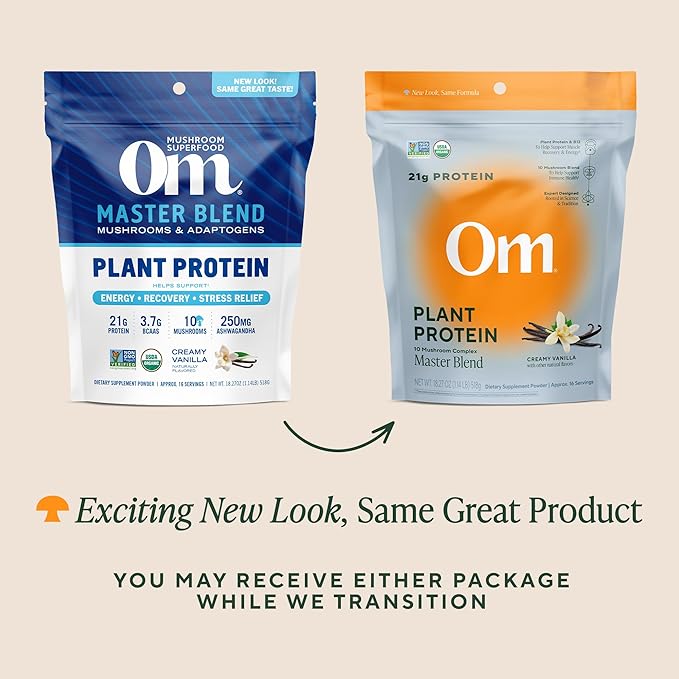 Om Master Blend Vegan Protein Powder, Vanilla, 21g of Plant Protein - Organic Mushroom Supplement with 10 Mushroom Complex, Ashwagandha, BCAAs and Vitamin B12-1.14 lb. (16 Servings)