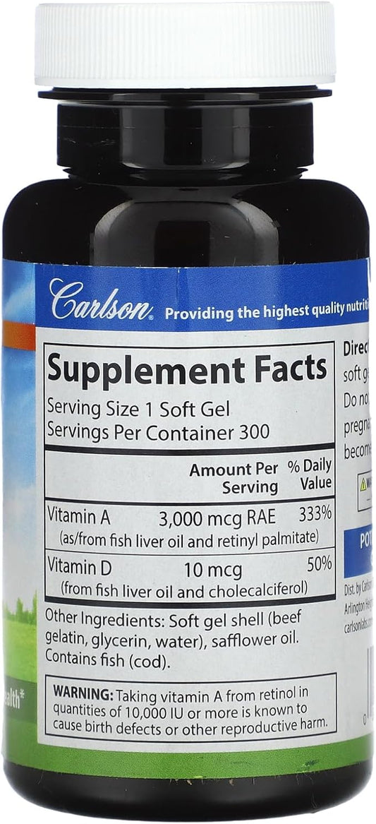 Carlson Labs Vitamin A and D, 10000/400 IU, 300 Softgels