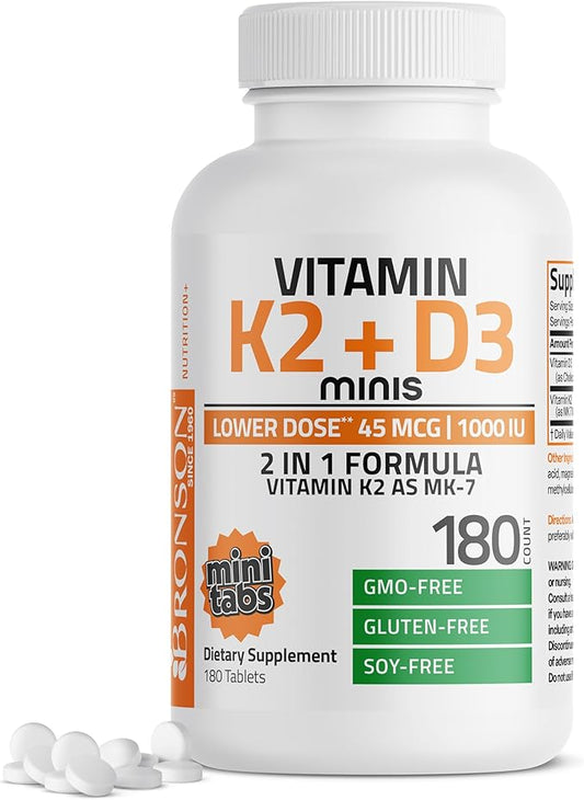 Bronson Vitamin K2 (MK7) with D3 Lower Dose 45mcg Vitamin K2 & 1000 IU Vitamin D3 Easy to Swallow Daily Maintenance 2 in 1 Formula Non-GMO, 180 Mini Tablets
