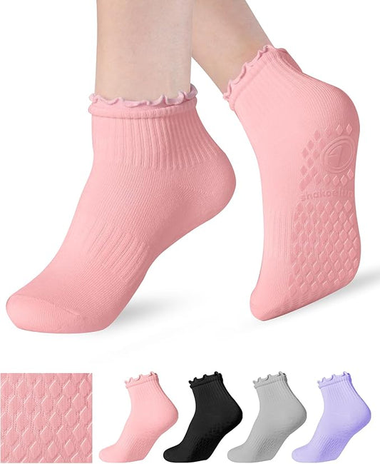Non Slip Grip Yoga Socks for Women Breathable Cute Ruffle Ankle Socks for Yoga, Pilates, Barre Workouts