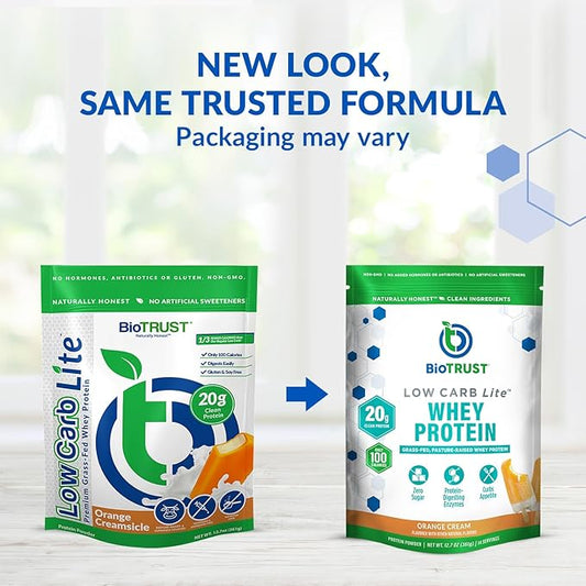 BioTrust Low Carb Lite, 20 Grams of Grass-Fed Whey Protein Isolate, 100 Calories, ProHydrolase Digestive Enzymes, Non-GMO, Free from Soy and Gluten, rBGH-Free (14 Servings) (Orange Cream)
