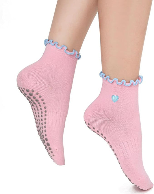 3/6 Pairs Cute Pilates Socks with Grips,Yoga Socks Barre Sock Non Slip Embroidery for Barre Ballet Workout