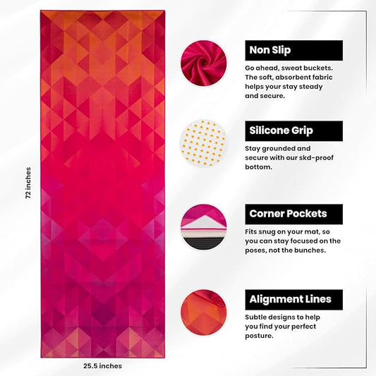 Yoga Grip Yoga Towel - Non Slip Hot Yoga Mat Towel With Corner Pockets, No-Skid Grip, and Built-in Alignment Lines | Soft, Moisture Wicking, and Sweat Absorbent | No Bunching, Stays in Place 72" x 25"