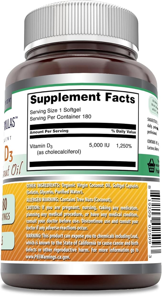 Amazing Formulas  Vitamin D3 with Coconut Oil Supplement |  5000  IU Per Serving | 180 Softgels | Non-GMO | Gluten Free | Made in USA