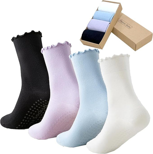 4 Pairs Ruffle Yoga Socks for Women,Cute Frilly Non-Slip Grips Socks for Pilates,Fitness,Hospital,Pregnant