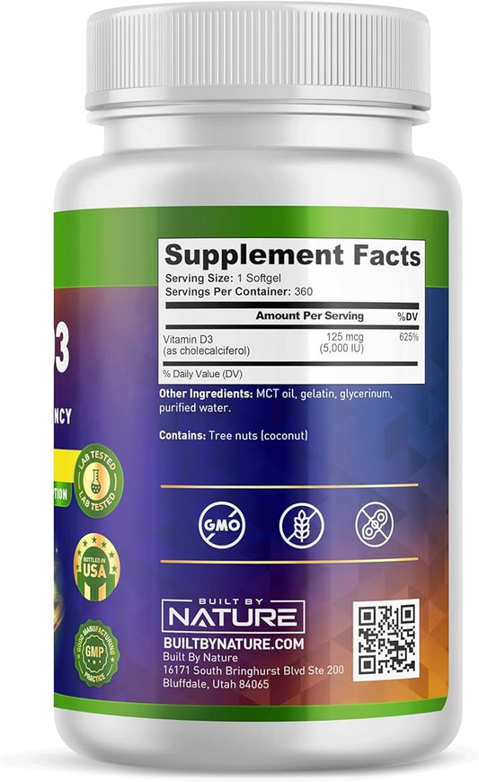 Built by Nature Vitamin D Supplement - Vitamin D3 5000 IU with Coconut MCT Oil – Easy to Swallow VIT D Mini Soft Gels - 1 Year Supply – 360 Softgels