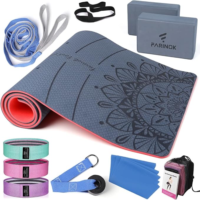 1/3 Yoga Mat Thick, Yoga Kit and Sets for Beginners Include High Density Yoga Mat with Multi-loops Yoga Strap, Yoga Blocks, Booty Resistance Band Set & Door Anchor