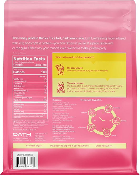 Oath Nutrition Clear Whey Isolate Protein Powder, Raspberry Lemonade, 20g Complete Protein per Serving, No Added Sugar, Grass-Fed, 18 Servings