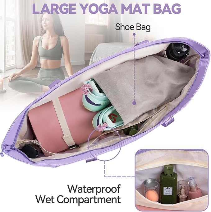 Large Yoga Mat Bag for Women,Pilates Bag with Shoes Bag & Wet Pocket,Gym Bag with Yoga Mat Holder Fits Most Size Mats,Yoga Mat Tote Carrier for Pilates Office Beach Workout (Pink)