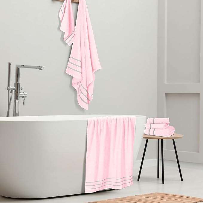 MyOwn Ultra Soft 6 Pack Cotton Towel Set, Contains 2 Bath Towels 28x55 inch, 2 Hand Towels 16x24 inch & 2 Wash Coths 12x12 inch, Ideal Everyday use, Compact & Lightweight - Pink, 71662
