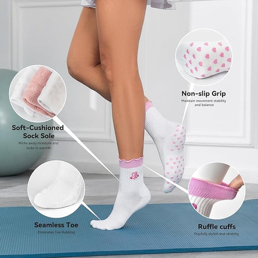 Cute Pilates Socks with Grips for Women Ruffle Cuff Embroidery Non Slip Yoga Socks for Workout, Barre, Pilates Gifts
