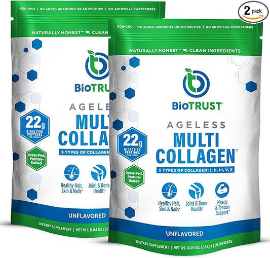 BioTrust Ageless Multi Collagen Peptides Powder – 5 Types (I, II, III, V, X) – Unflavored Collagen Powder for Women & Men – Hydrolyzed Protein – Grass Fed Beef, Fish, Chicken, Eggshell Membrane, 2-pk