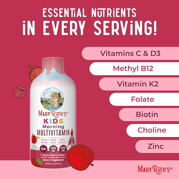Kids Liquid Morning Multivitamin by MaryRuth's | Kids Multivitamin | Immune Support Supplement | Multivitamin for Kids | Vitamin C | Vitamin D | Essential Nutrients | Vegan | 15.22 fl oz